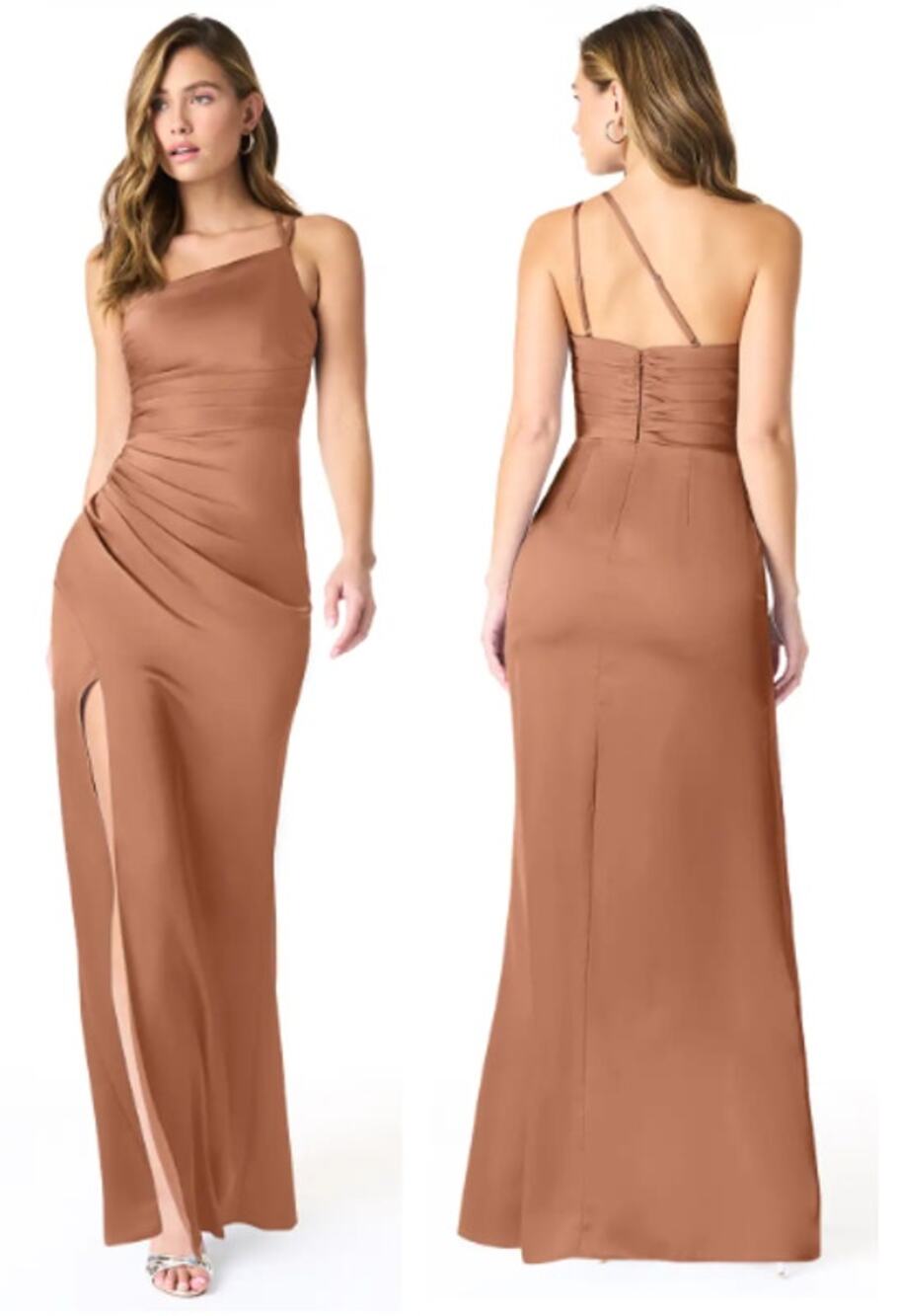 NWT Azazie Eren Stretch Satin One Shoulder Maxi Mermaid Dress Bronzer Women's A2